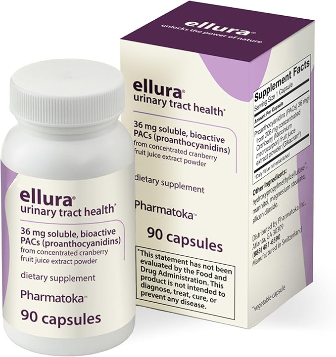 ellura 36 mg Clinically Backed Soluble, Bioactive PACs – 100% Concentrated Cranberry Fruit Juice Extract, for Urinary Tract Health, 90 Capsules
