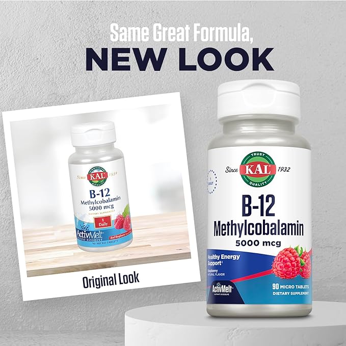 KAL Vitamin B12 Methylcobalamin 5000mcg, Healthy Energy, Metabolism, Nerve & Red Blood Cell Support,* Fast Dissolve ActivMelts, Optimal Absorption, Natural Raspberry Flavor, 90 Servings, 90 Micro Tabs