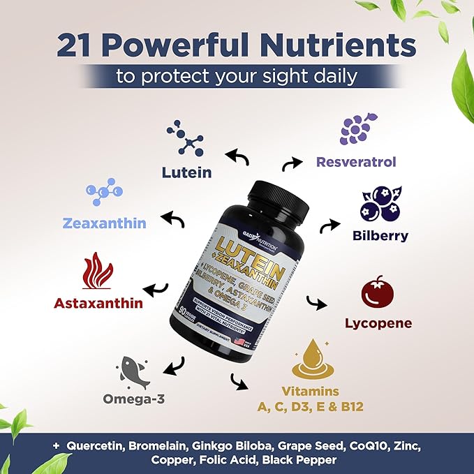 Gade Nutrition Lutein and Zeaxanthin Supplements | Astaxanthin Eye Vitamins with Omega 3, Resveratrol, Bilberry, Lycopene, Quercetin, Ginkgo Biloba, Vitamin D and More Eye Care Vitamins and Minerals