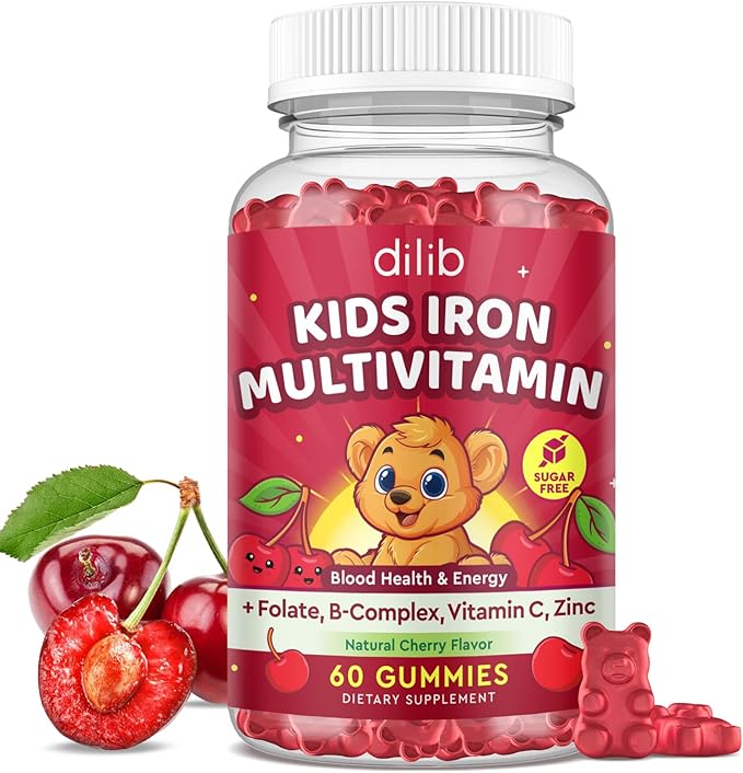 Iron Supplement Gummies for Kids, Kids Multivitamin with Iron Gummies - Zinc, Vitamin B Complex, A, C, D3, B12, Folate for Blood Builder & Energy Support, Iron Deficiency, Vegan Cherry 60ct