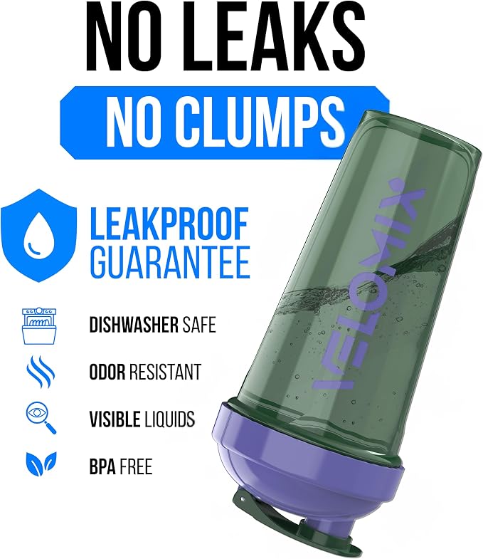 VELOMIX -2 Pack- 28 oz Protein Shaker Bottles for Protein Mixes - 2x Wire Whisk | Leak Proof Shaker Cups for Protein Shakes and Pre Workout | Protein Shaker Bottle Pack (C2) Green/Purple