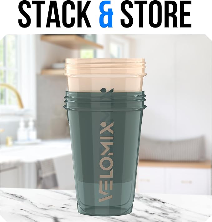 VELOMIX -2 Pack- 20 oz Protein Shaker Bottles for Protein Mixes - 2x Wire Whisk | Leak Proof Shaker Cups for Protein Shakes and Pre Workout | Protein Shaker Bottle Pack (A5) Blue&Beige