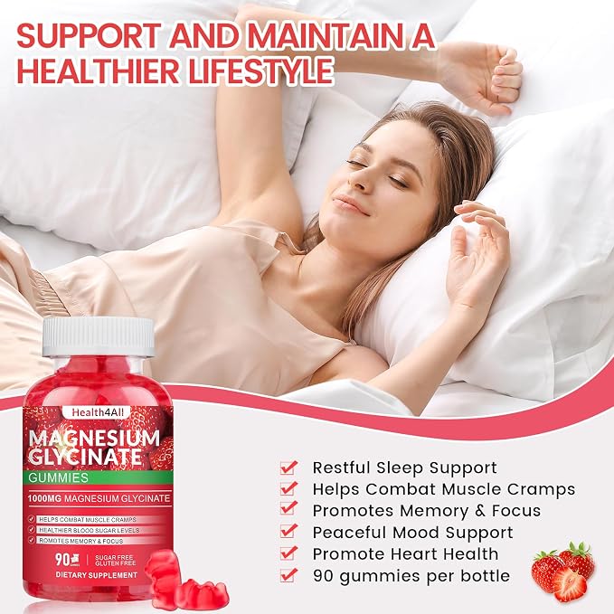 Magnesium Glycinate Gummies 1000mg, High Absorption Sugar Free Magnesium Potassium Supplement for Relaxation, Stress Relief, and Sleep Support for Adults & Kids - 90 Strawberry Gummies