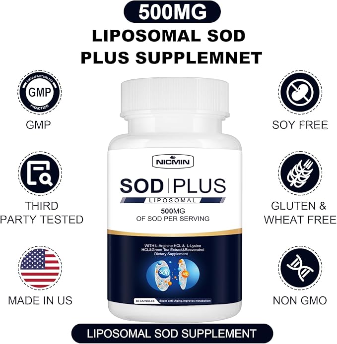 500MG Superoxide Dismutase Supplement - SOD Plus with Liposomal Glutathione, AKG, Green Tea Extract, L-Arginine, Lysine, Resveratrol and Vitamin E for Immune Support, Antioxidant 120 Capsules