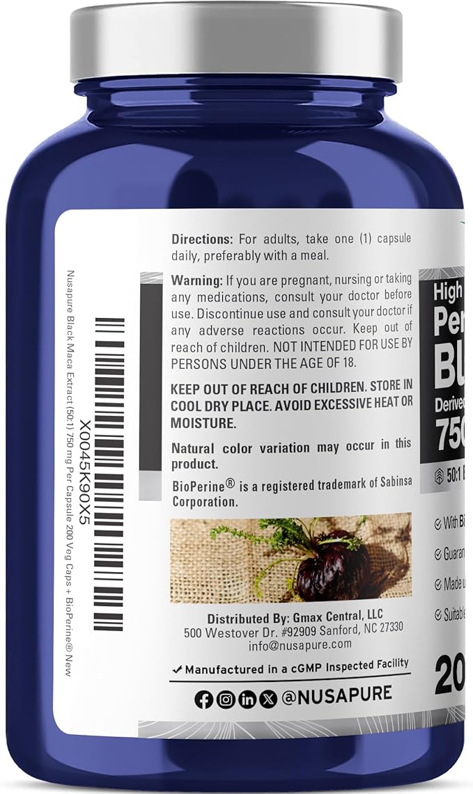 NusaPure Peruvian Black Maca Root, 750 mg, 200 Veg Capsules ((Non-GMO, Vegan)