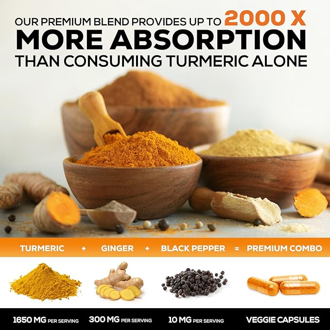 Turmeric Curcumin Supplement - 95% Curcuminoids with Organic Turmeric & Ginger, BioPerine Black Pepper Extract for Best Absorption, Natural Vegan Joint Support, Non-GMO, Bottled in USA - 180 Capsules