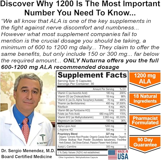 Neuropathy Support Supplement with 1200 mg HP-99 Alpha Lipoic Acid - Max Strength ALA Nerve Formula for Feet Hands Fingers Legs - Ultra Potent 18 in 1 Natural Nerve Vitamins - 180 Capsules