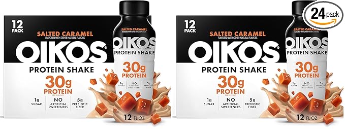 Oikos Protein Shake, Salted Caramel, 30g High Protein Drinks, Shelf Stable, Ready to Drink, 5g Prebiotic Fiber, 12 fl oz Bottle,(Pack of 24)
