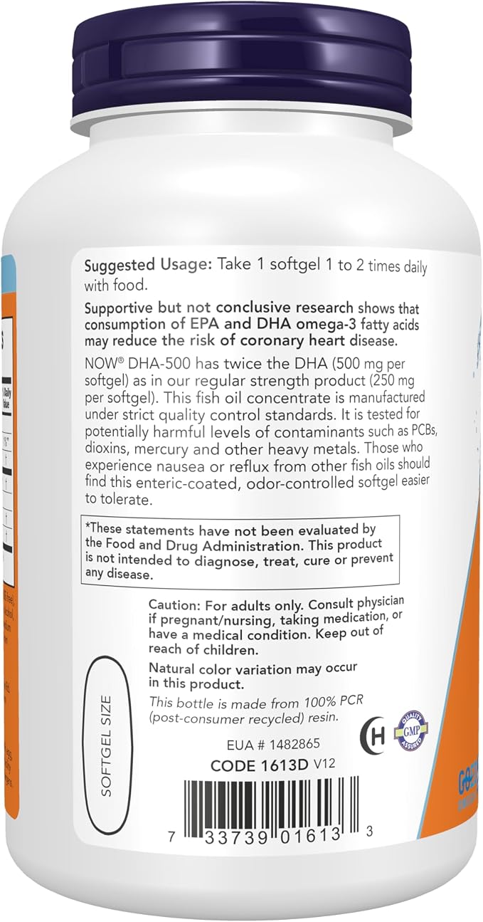 NOW Foods Supplements, DHA-500 with 250 EPA, Molecularly Distilled, Supports Brain Health*, 180 Softgels