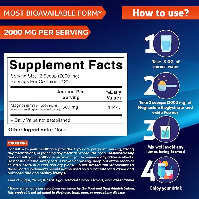 Vitamatic Magnesium (from Bisglycinate & Oxide) - Supports Muscle, Joint, and Heart Health 250 Grams - 125 Servings