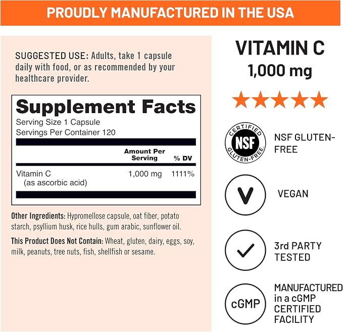NatureWise Vitamin C 1000mg Capsules - Extra Strength Vegan Vitamin C for Daily Antioxidant & Immune Support - Non-GMO, USA Manufactured - 120 Capsules[120-Day Supply]