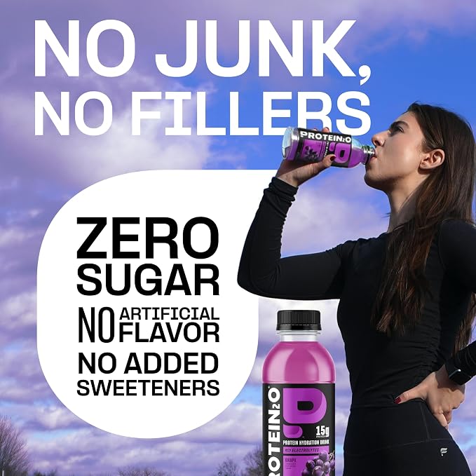 Protein2o 2-in-1 Clear Whey Protein & Electrolyte Beverage, 15g Protein, Gluten-Free, 16.9 fl oz Bottles, Grape (Pack of 24)