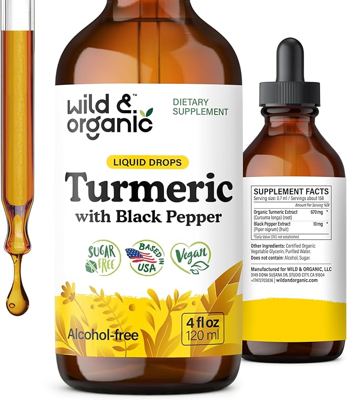 Wild & Organic Turmeric Supplement Liquid Drops - Movement & Immune Support - Liquid Turmeric with Black Pepper Extract - Add to Tea Tincture - Curcumin Supplements - Sugar & Alcohol-Free - 4 fl oz