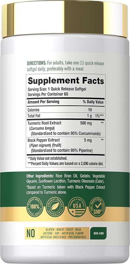 Carlyle Turmeric Curcumin Supplement 500mg | 60 Softgels | with Black Pepper Extract | 95% Curcuminoids | Non-GMO, Gluten Free