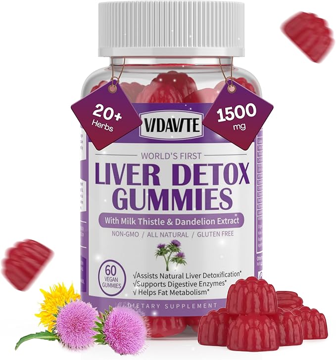 VIDAVITE Liver Cleanse Detox & Repair Gummies — Sugar-free, US-Made, 1500mg Milk Thistle Supplement with Artichoke, Dandelion and 20+ Herbs — Liver Support Supplement for Men & Women(60 Vegan Gummies)