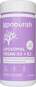 UpNourish Certified Vegan Vitamin D3 5000 IU K2 MK4 MK7 500 mcg Supplement, 150 Softgels, Plant Based Liposomal Vitamin D K with Organic Coconut Oil, Non GMO, Gluten and Gelatin Free