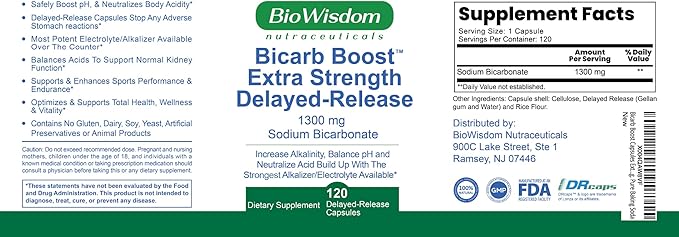 Bicarb Boost Sodium Bicarbonate Capsules Extra Strength 1300mg Organic Use Delayed-Release Sodium Bicarbonate Tablet, Kidney, Alkalinity, Health, Pure Baking Soda Tablet 120 Sodium Pills