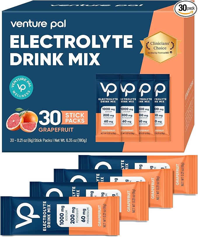 Venture Pal High Sodium Sugar Free Electrolytes Powder Packet - Hydration Packets with Vitamin, Sodium & Potassium | Zero Calories | Vegan, Keto & Paleo Friendly Electrolyte Drink Mix - 30 Sticks