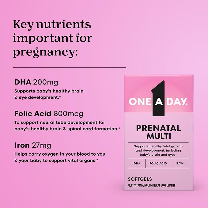 One A Day Prenatal Vitamins- Folic Acid, Iron, Omega- 3 (DHA), Pregnancy Vitamins for Women, Prenatal Multivitamin for Mom and Baby Support, Pregnancy Must Haves 30 Ct (Packaging May Vary)