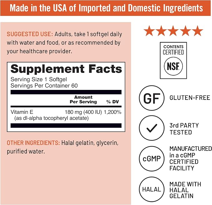 NatureWise Vitamin E 400 IU Softgels (180mg DL-Alpha) - Dairy, Gluten, and Soy Free, Non-GMO Antioxidant Dietary Supplement for Skin, Heart, Eye, and Immune Health Support - 2-Month Supply, 60 Count