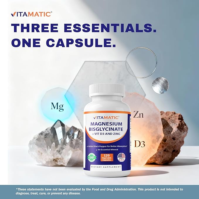 Vitamatic Magnesium (from Bisglycinate & Oxide) with Vitamin D3 & Zinc - 120 Veg Capsules - Supports Muscle, Joint, Nerve & Heart Health – Non-GMO, Gluten-Free