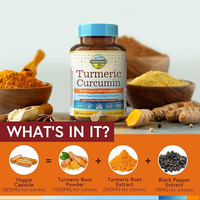 Turmeric Curcumin Supplement 1800mg, with Black Pepper 15mg for Maximum Absorption, 95% Curcuminoids, Mobility & Antioxidant Support, Made in USA, Non-GMO, No Gluten, 90 Vegan Capsules