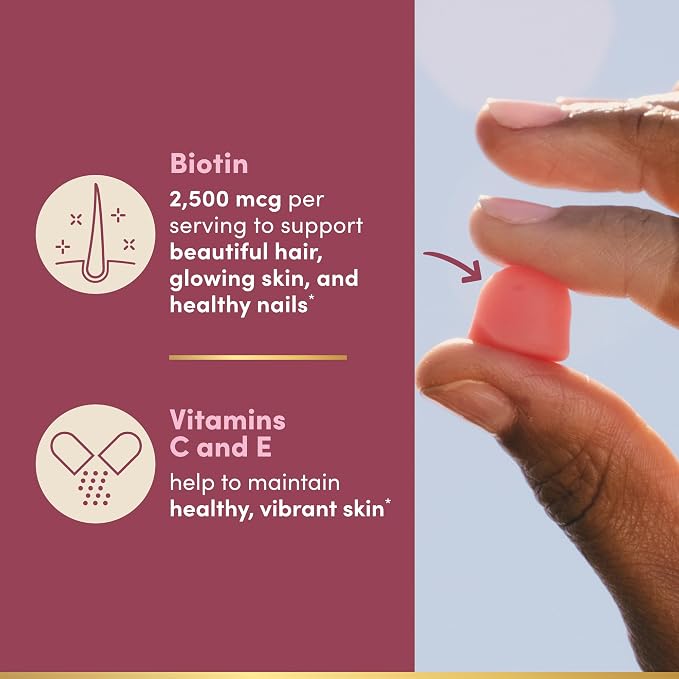 Nature's Bounty Optimal Solutions Hair, Skin and Nails Pectin Gummies, 2500 mcg Biotin Per Serving, No Stick Gummy, Vegetarian Formula, Strawberry Flavor, 200 Count, 100 Total Servings (Pack of 2)