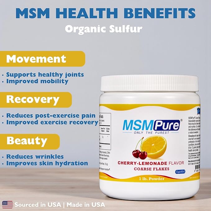 KALA HEALTH MSMPure Cherry Lemonade Flavored Coarse MSM Powder Flakes – US-Made MSM for Joint Health, Skin Appearance, and Hair & Nail Support – 1 lb, Organic Sulfur