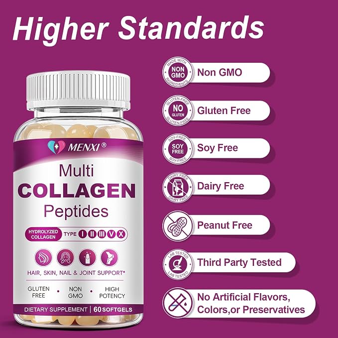 Multi Collagen Peptides Softgel for Women & Men - Type I, II, III, V, X - Hydrolyzed Collagen Peptides with Biotin, Vitamin C & Hyaluronic Acid - Support Skin Hair Nail & Joint - Non GMO, 240 Softgel