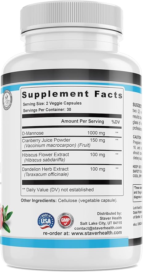 Urinary Tract Health, Cranberry Pills for Women, D Mannose 1000mg Capsules - Dandelion Herb Supplement - Helps Women Health, 60 CT