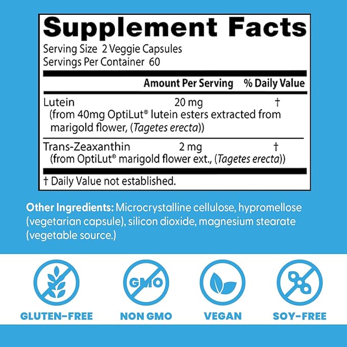 Doctor's Best Lutein Supplement 20mg with Trans Zeaxanthin - Lutein for Eyes, Eye Health Vitamins for Men & Women, Vision and Macular Health Support Capsules, OptiLut Marigold Flower - 120 Veg Caps