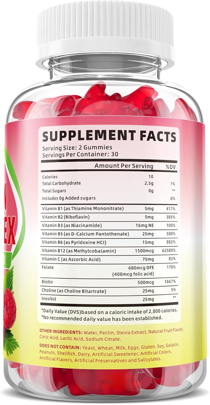 Vitamin B Complex Gummies for Women & Men - Vitamin B12, B1, B2, B3, B5, B6, B-Complex Vitamin Supplements for Energy & Immune Support, Sugar-Free/Vegan, Raspberry Flavor 120 Count