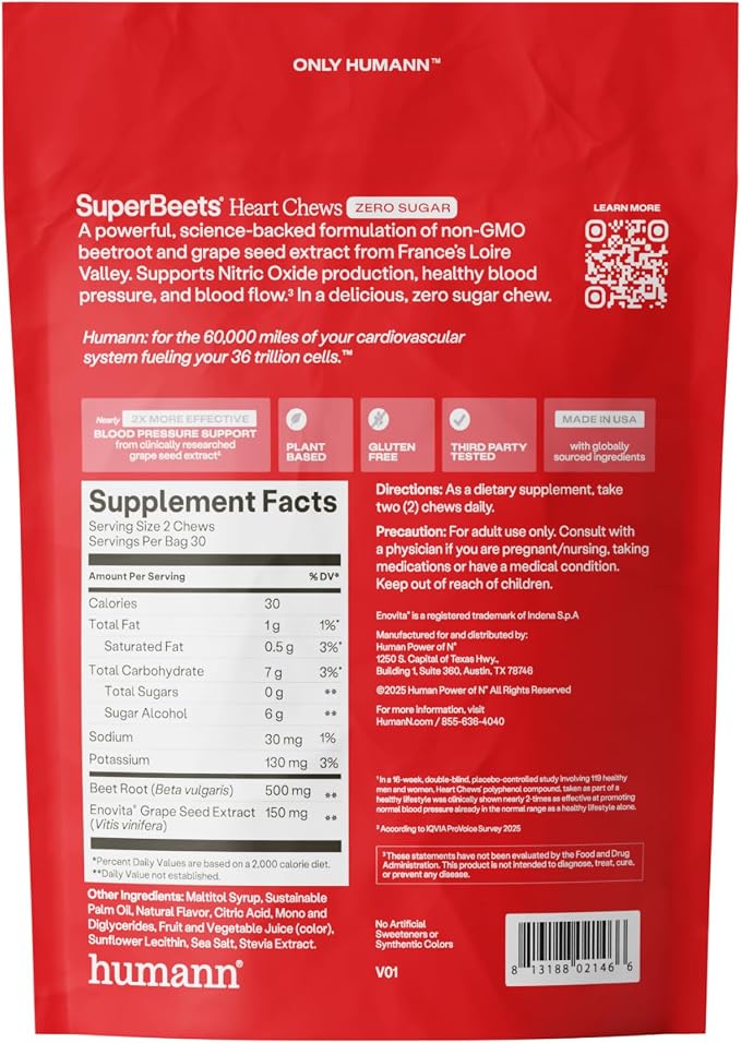 Humann SuperBeets Heart Chews Zero Sugar, Beet Root Supplement, Energy, Nitric Oxide and Blood Pressure Support, Grape Seed Extract & Non-GMO, Heart Health, Pomegranate Berry Flavor, 60 Count