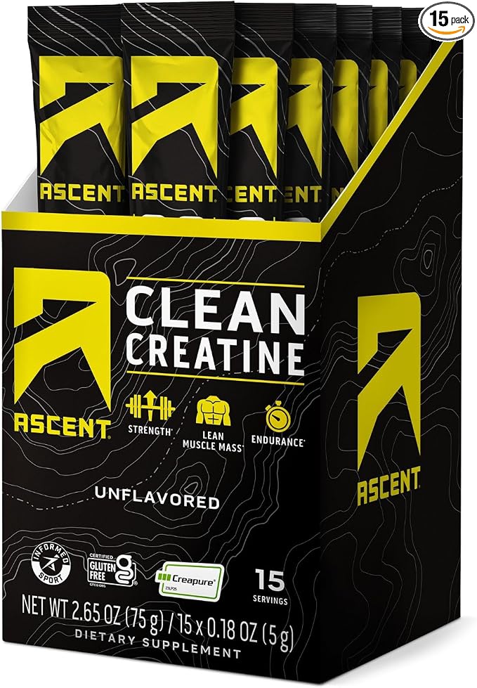 Ascent Clean Creatine Monohydrate Powder - 5G Per Serving, Creapure Creatine Supplement - Unflavored, 15 5G Servings