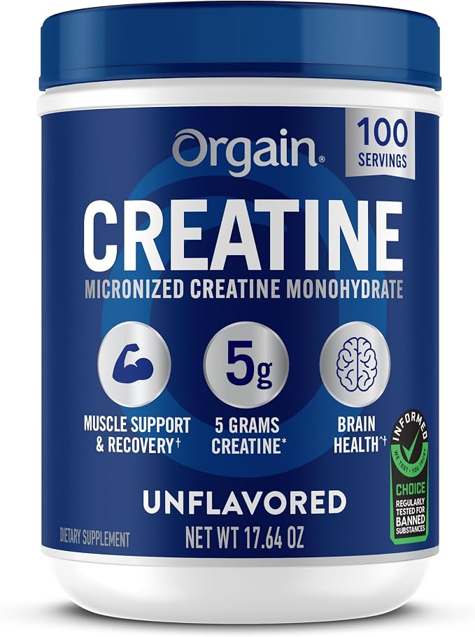 Orgain Creatine Monohydrate Micronized Powder, 100 Servings, Unflavored, Supports Muscle Growth, Post Workout Recovery and Brain Health, No Artificial Additives, for Men & Women (Packaging May Vary)