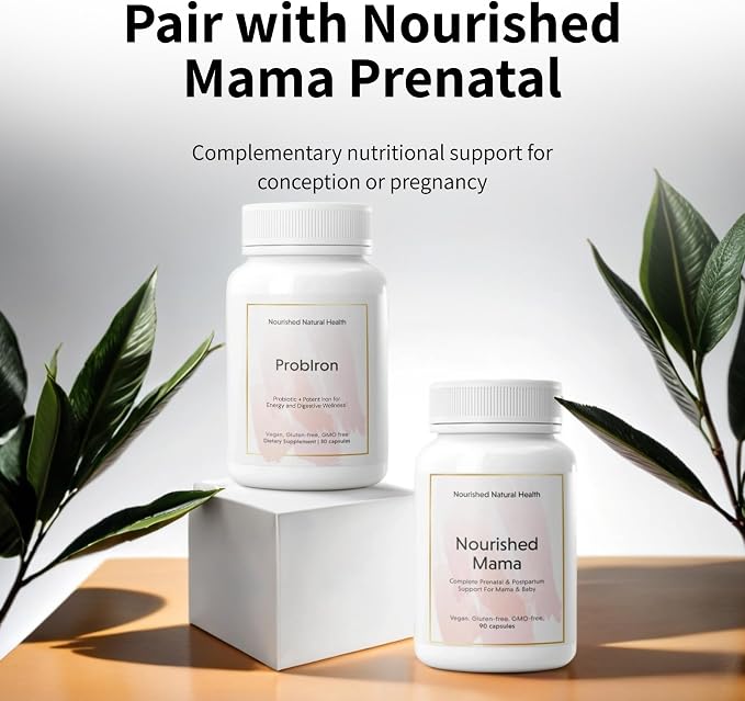 Nourished Natural Health ProbIron - Women's Probiotic + Iron Supplement Boosted with Vitamin C and Copper - Vegan Formula for Energy and Digestive Wellness - 60 Capsules