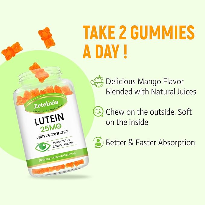 Lutein Gummies 25mg - Eye Vitamins Lutein & Zeaxanthin Eye Health Supplements for Adults,Sugar Free Eye Health Gummies Supplement - Support Vision,Macular,Blue Light Filtering (60 Count)