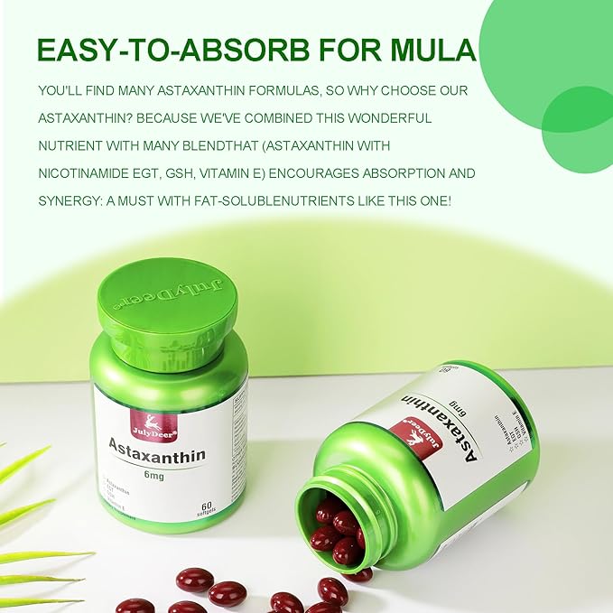 JulyDeer 2 Bottles Astaxanthin 6 mg with Nicotinamide Vitamin E Premium Antioxidant Supplement EGT GSH - for Skin, Eye, Joint & Immune System Health Cell Health & Energy丨5 in 1-120 Softgels