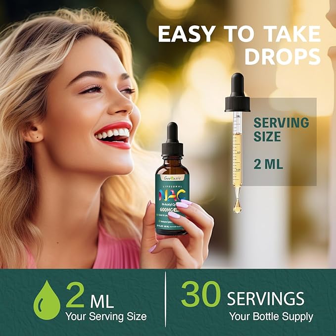 Liposomal Liquid NAC Supplement N-Acetyl Cysteine Drops, N Acetyl Cysteine 600 mg with Quercetin & Zinc for Adults & Kids, Liver & Lung Support, Antioxidant, Immune & Skin Health, 2 Fl Oz