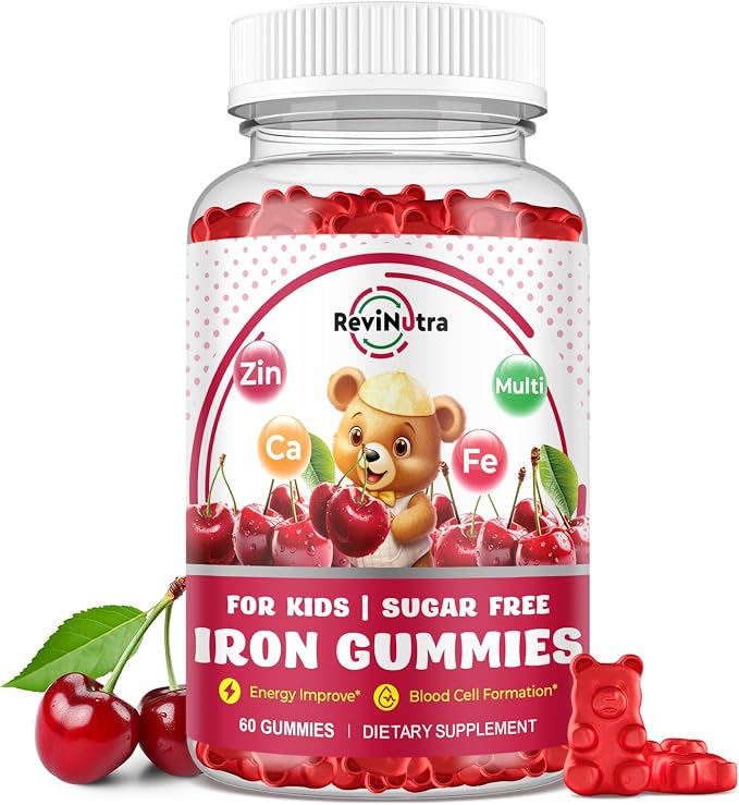Iron Supplement Gummies for Kids - with Calcium, Zinc, Kids Multivitamin with Iron Gummies - Immune Support, Blood Builder & Energy Support for Iron Deficiency, Anemia, Cherry Flavor, 60 Gummies