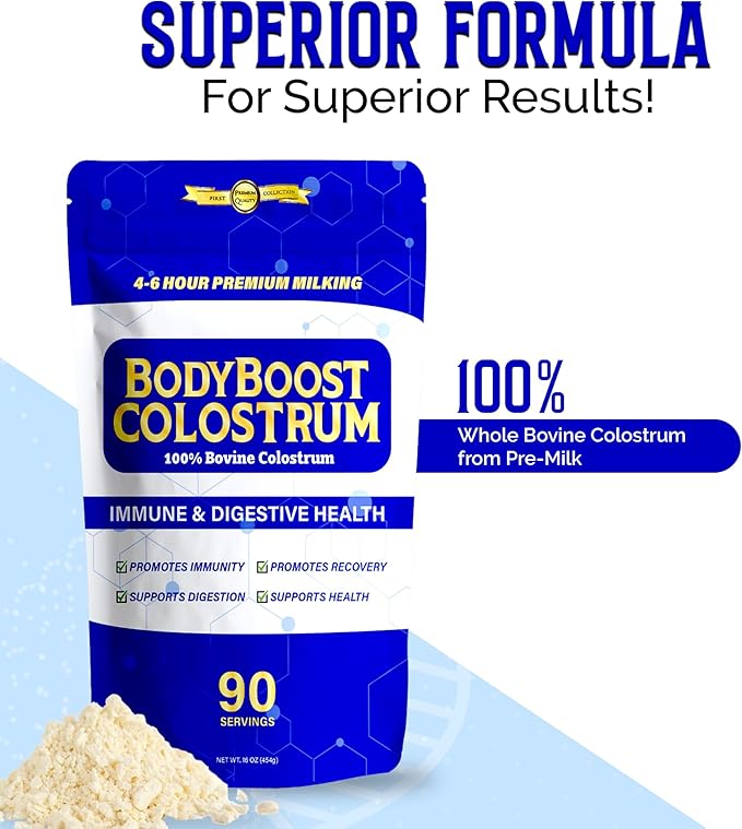 BodyBoost Premium Colostrum Whole, 100% Bovine Colostrum Powder, Immune Booster Supplement with Immunoglobulin & Lactoferrin, Grass Fed Colostrum Powder, Gut Health, Diverse Intake,16 oz