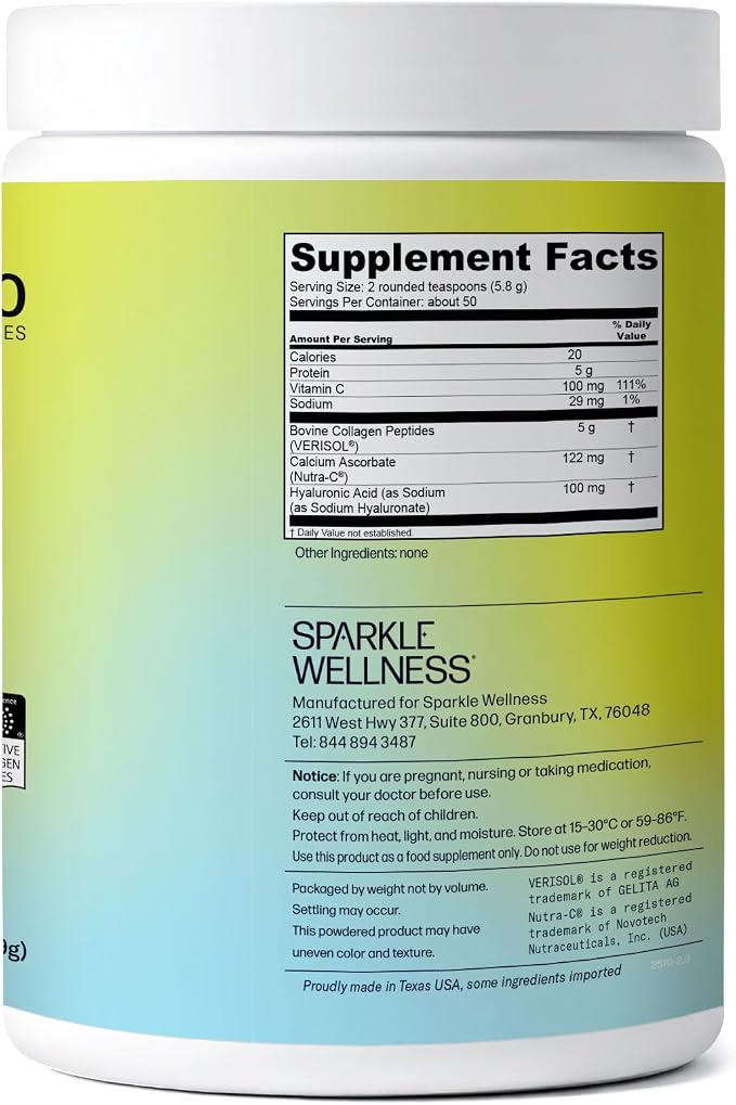 Sparkle Wellness VERISOL Bioactive Hydrolyzed Collagen Peptides | Collagen Powder Supplement with Vitamin C & Hyaluronic Acid for Hair, Skin, and Nail Health | Skin Boost Plus (No Flavor) [50-Serves]
