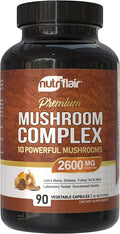 NutriFlair Mushroom Supplement 2600mg, 90 Capsules - 10 Mushrooms Blend - Reishi, Lions Mane, Cordyceps, Chaga, Turkey Tail, Maitake, Shiitake, Oyster Nootropic Formula - Brain, Energy, Focus Pills