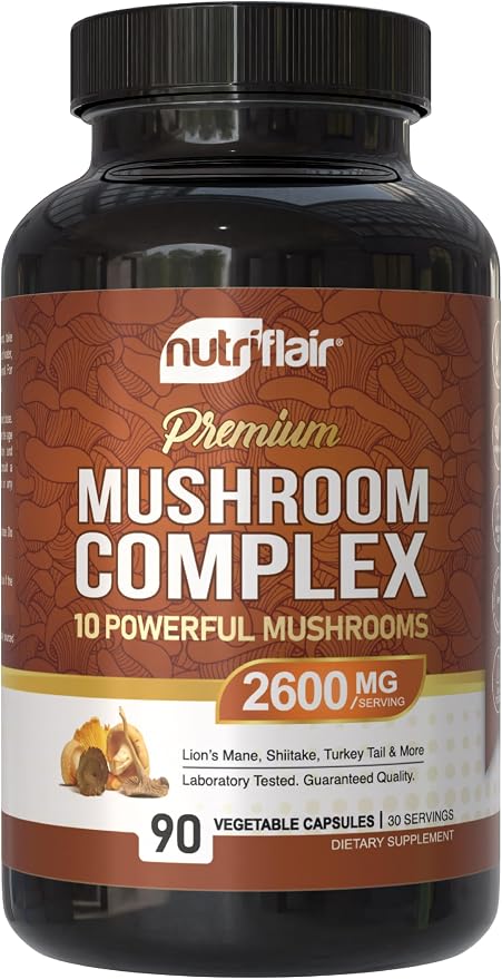 NutriFlair Mushroom Supplement 2600mg, 90 Capsules - 10 Mushrooms Blend - Reishi, Lions Mane, Cordyceps, Chaga, Turkey Tail, Maitake, Shiitake, Oyster Nootropic Formula - Brain, Energy, Focus Pills