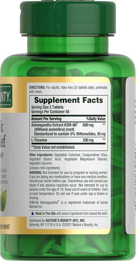 Nature's Bounty Stress Relief, Ashwagandha KSM-66, Supports Occasional Stress Relief, Dietary Supplement, 2 Tablets per Day, Vegetarian Tablets, Gluten Free, 90 Count (Pack of 2)