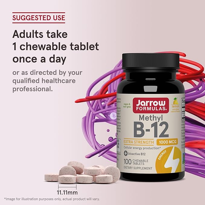Jarrow Formulas Methyl Vitamin B-12 1000 mcg, 100 Chewable Tablets, Lemon Flavored- Bioactive B12 Vitamin - Supports Cellular Energy Production, Brain Health & Metabolism - 100 Servings
