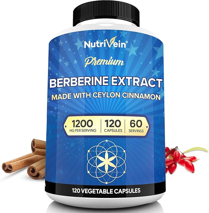 Nutrivein Premium Berberine 1200 mg with Ceylon Cinnamon - 120 Capsules: High-Absorption Berberine Supplement for Defenses, Digestion, & Metabolism