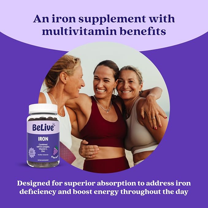 BeLive Iron Gummies - Multivitamin Iron Supplement with Vitamin C, A, B & Zinc, Supports Blood Oxygen, Vegan Supplements for Women, Men & Kids for Growth and Development - Grape Flavor | 3-Pack
