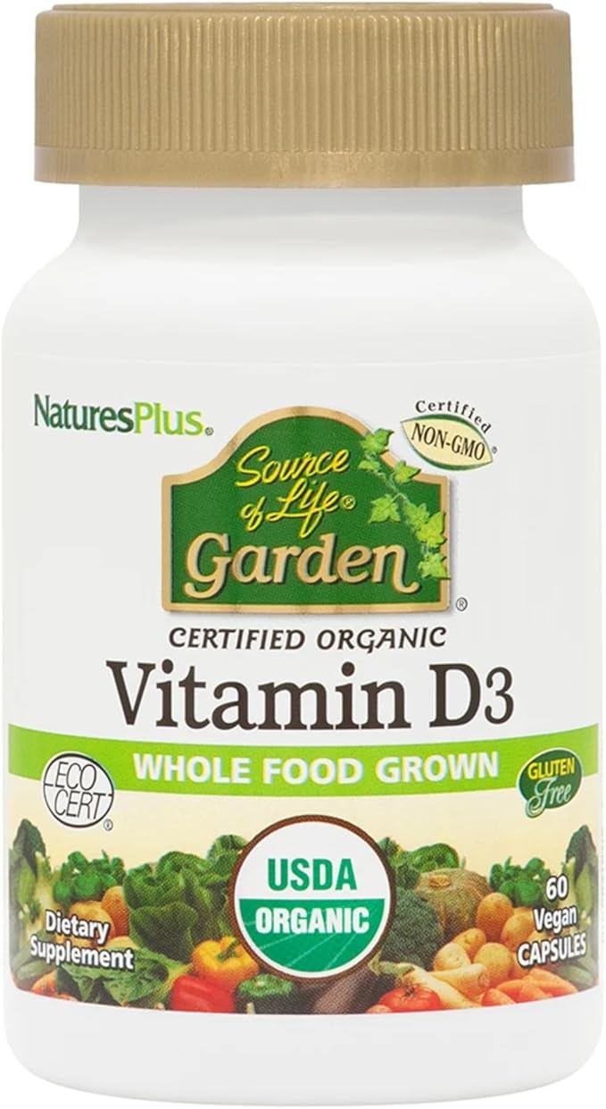 NaturesPlus Source of Life Garden Vitamin D3 - 60 Capsules - Immune System Support - USDA Certified Organic, Non-GMO, Vegan, Gluten Free - 30 Servings
