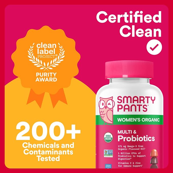 SmartyPants Organic Women's Multivitamin Gummies: Biotin,Probiotics,Methylfolate,Omega 3 (ALA),Vitamin D3,C,Vitamin B12,B6,A,K & Zinc,Inositol,Gluten Free,(30 Day Supply),120 Count (Pack of 2)